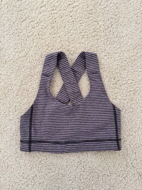 Lululemon Striped Crisscross Sports Bra in Heathered Purple and Gray